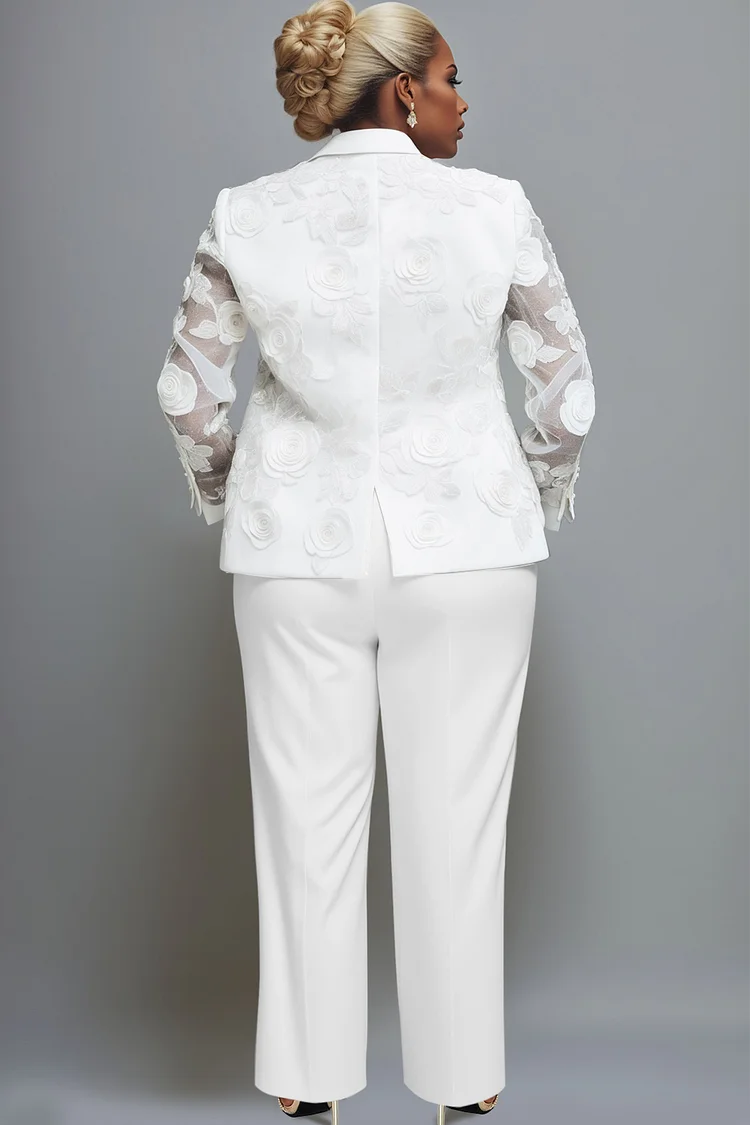 Xpluswear Design Plus Size Wedding White Elegant Lapel Collar Long Sleeve See Through 3D Two Piece Pant Suits [Pre-Order]