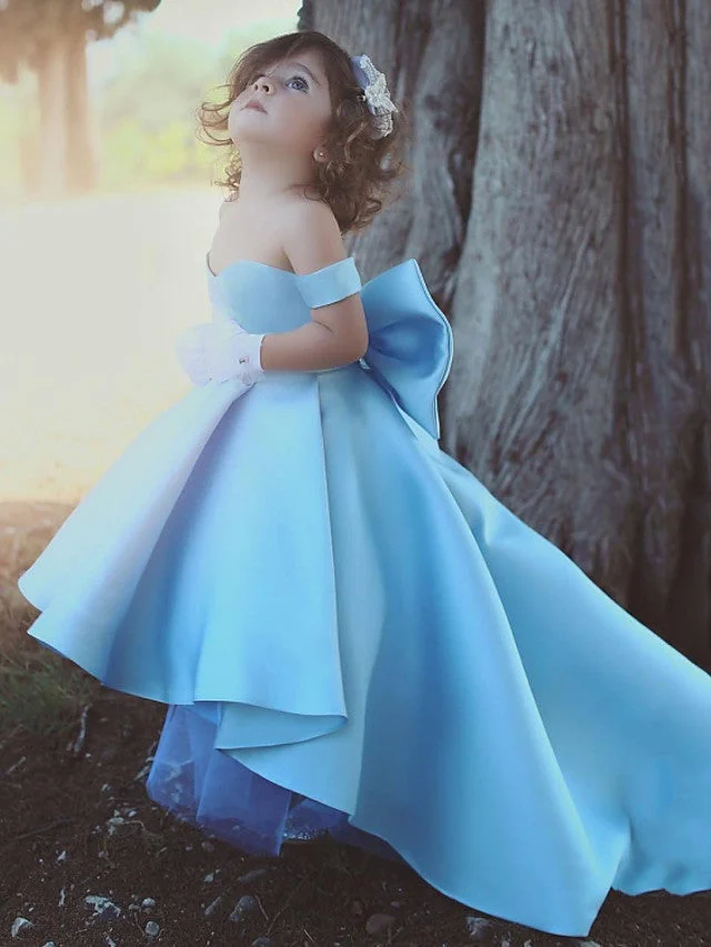 Daisda Ball Gown Short Sleeve Off Shoulder Flower Girl Dresses Satin With Bow Tier Solid