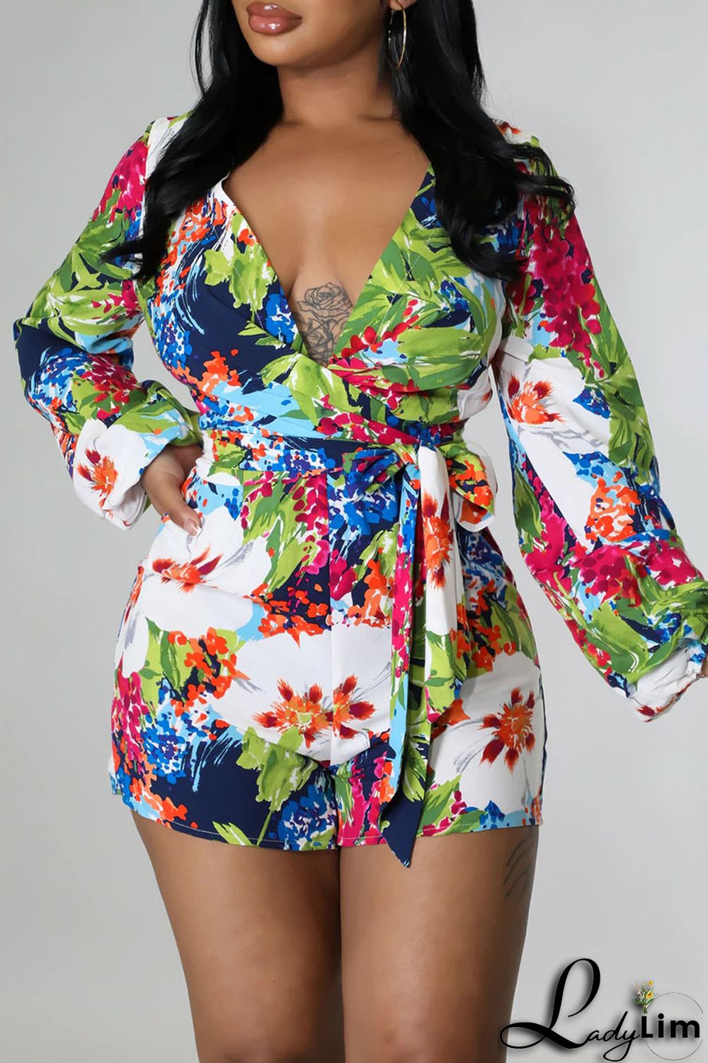 Green Simplicity Print Split Joint V Neck Straight Jumpsuits