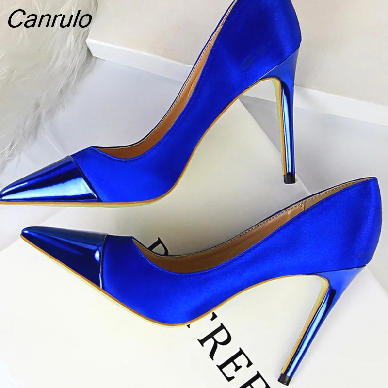 Canrulo Shoes Blue Women Pumps Satin Stitching High Heels Women Shoes Sexy Nightclub Party Shoes Stiletto Heels 10 Cm Lady Pumps 319-1