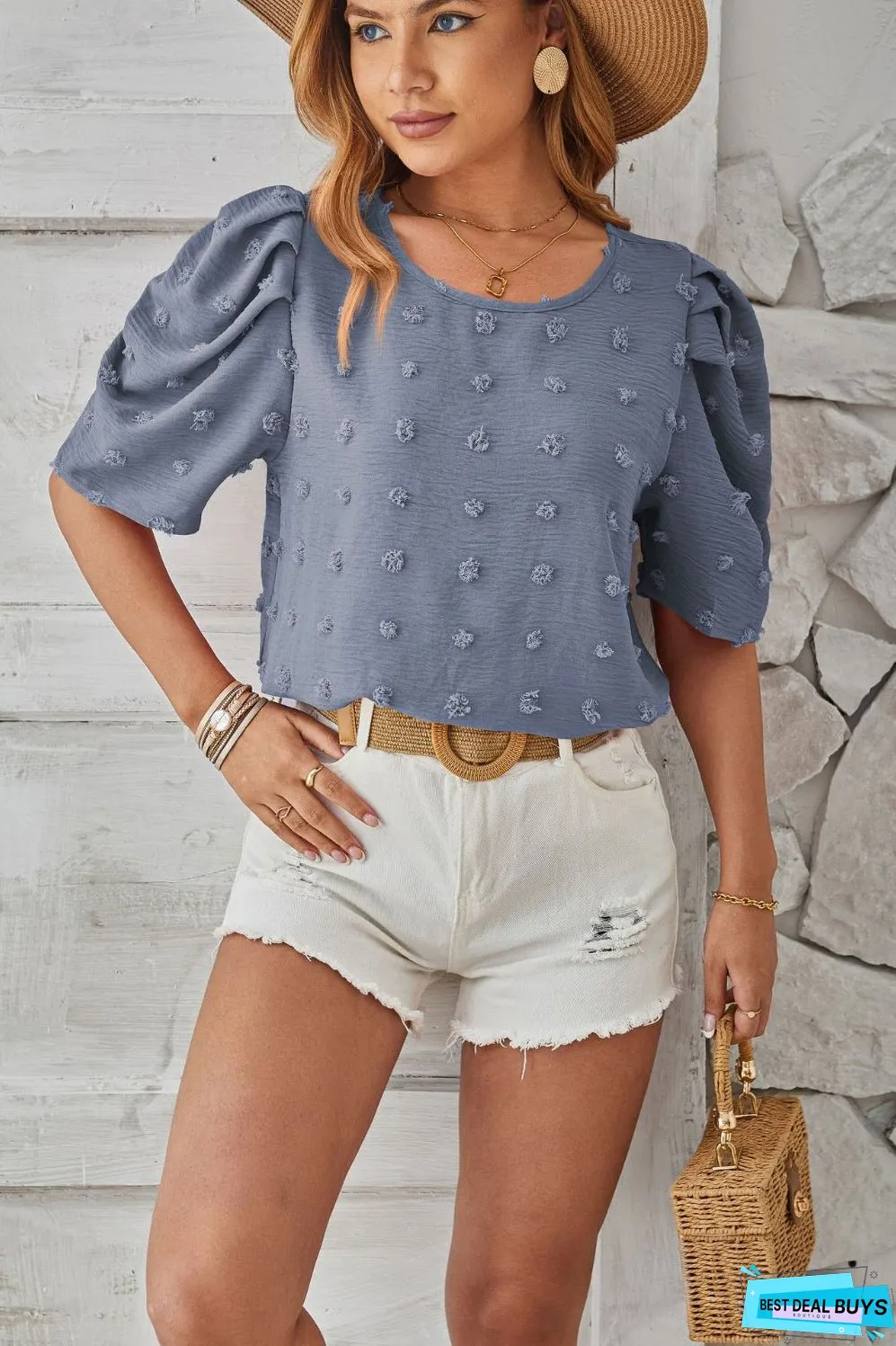 Swiss Dot Round Neck Short Sleeve Blouse