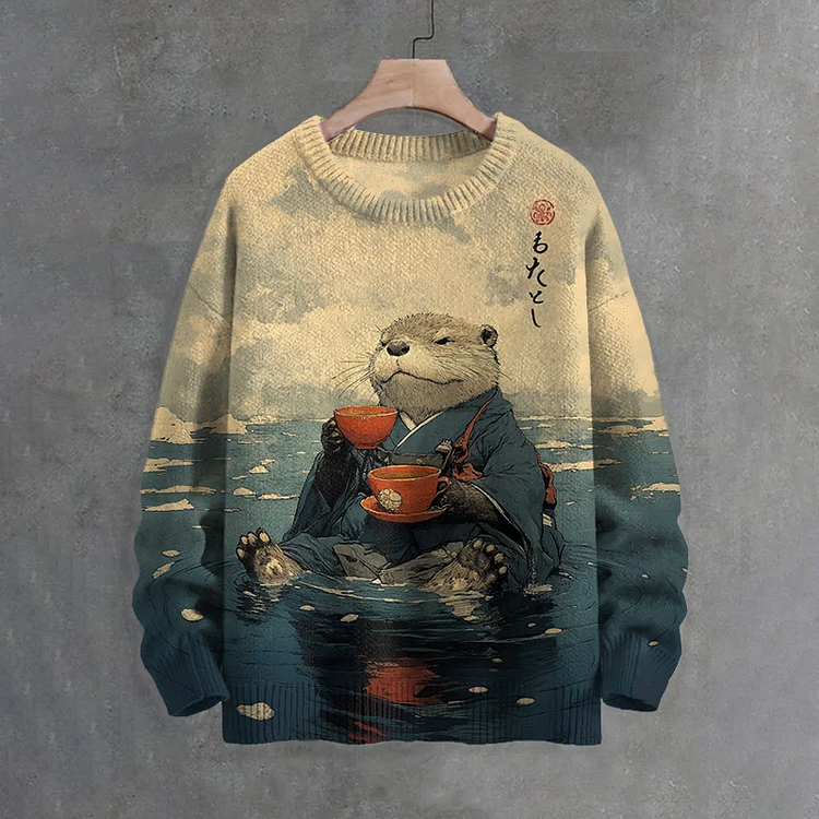 Men's River Kimono Otter Tasting Tea Japanese Art Print Knit Crew Neck Sweater