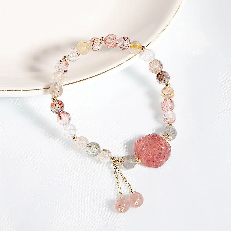 Natural Strawberry Quartz Cat Paw Claw Colorful Rutilated Quartz Moonstone Love Bracelet