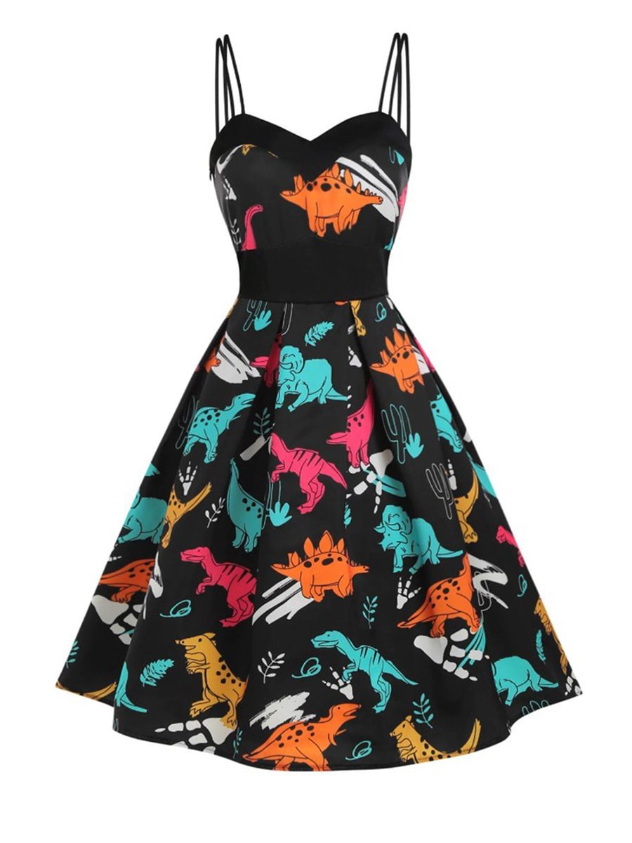 Womens Vintage Dress Dinosaur Print Slip Dress