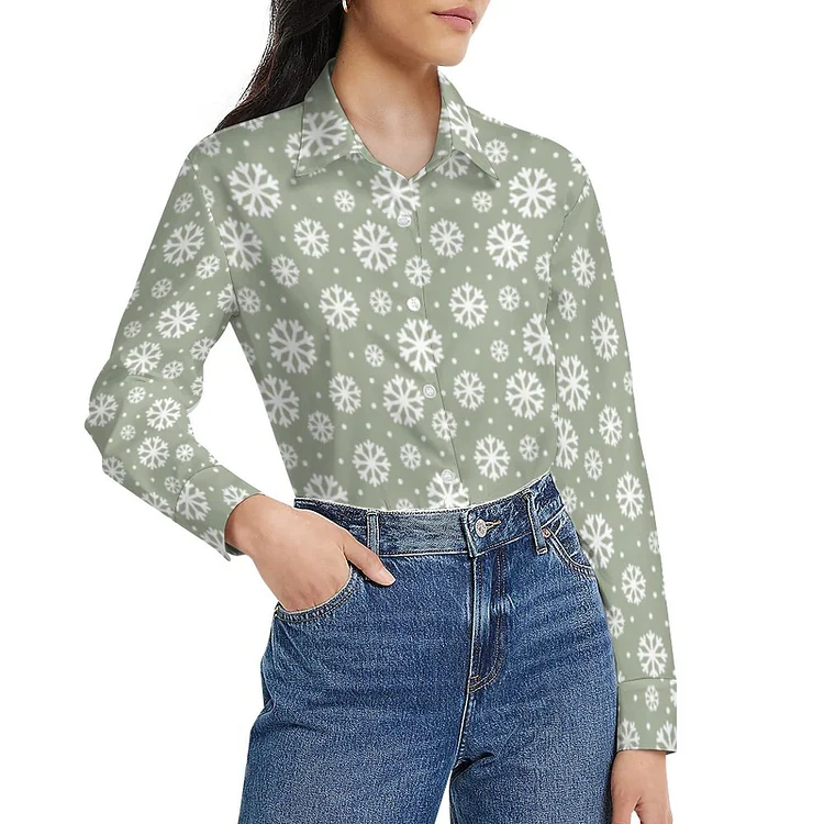 Lime Green Winter Festive White Snowflakes Women Button Down Shirt Classic Long Sleeve Collared Work Office Blouse - Heather Prints Shirts