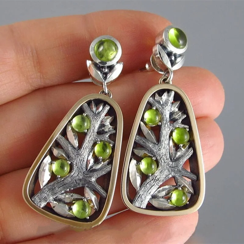 Vintage Boho Plant Branch Earrings Fashion Ladies Inlaid Olive Green Crystal Wedding Bridal Dangle Earrings Gifts