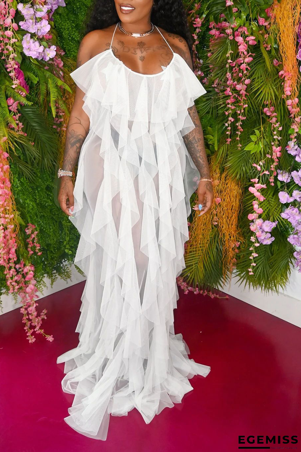 White Sexy Solid See-through Mesh Spaghetti Strap Mesh Dress Dresses | EGEMISS