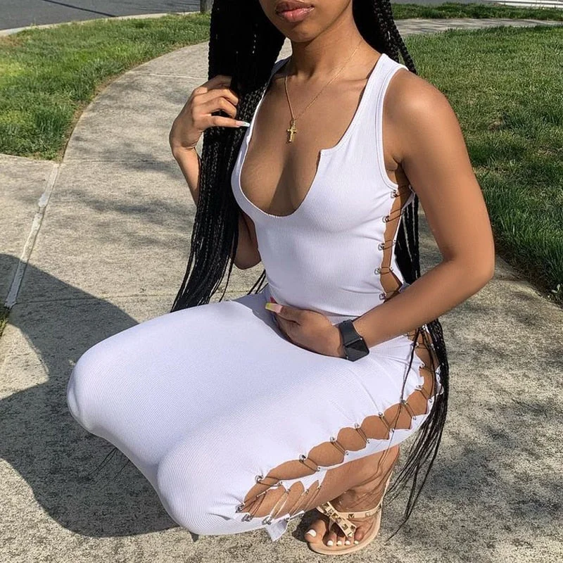 Hugcitar 2021 Sleeveless Solid Clip Hollow Out Slit Sexy Dress Summer Women Streetwear Party Club Outfits Y2K