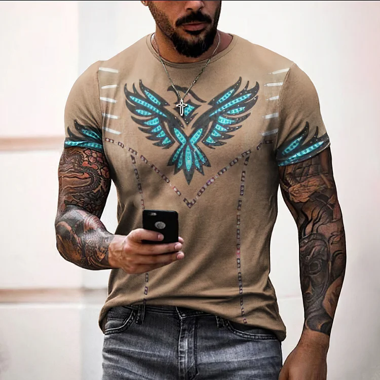 Broswear Western Flying Eagle Willow Print Short Sleeve T Shirt