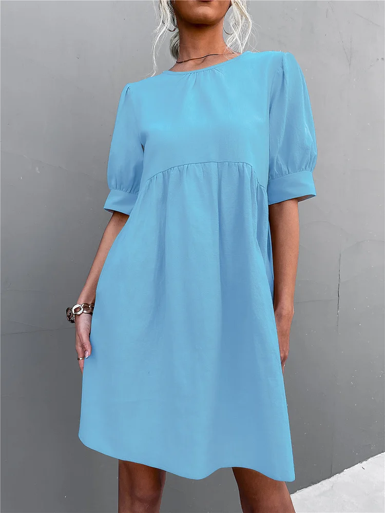 Women's Midi Dress Solid Color Basic Round Neck Button Puff Sleeve Dress