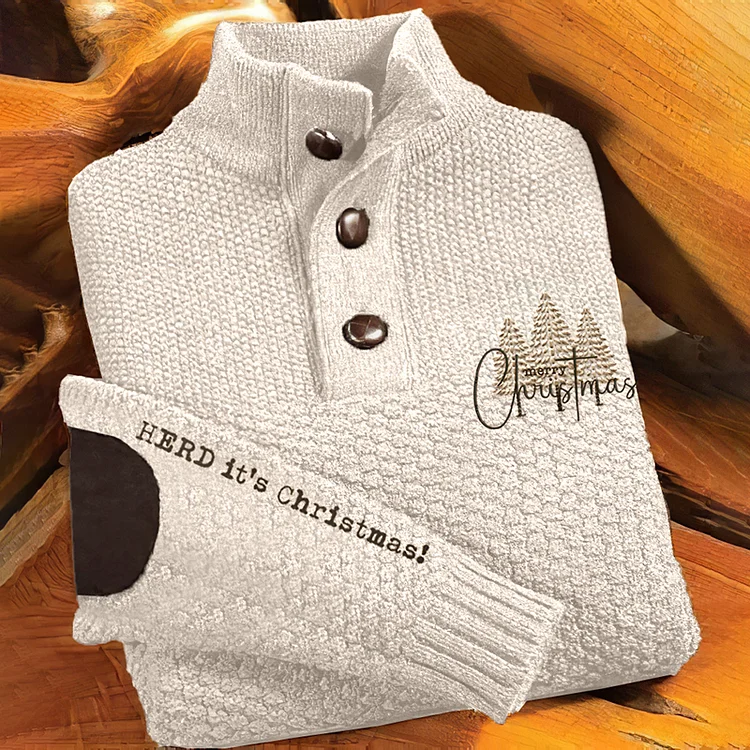 Men's Vintage Western Christmas Tree Embroidery Knit Jacquard Buttons Sweatshirt