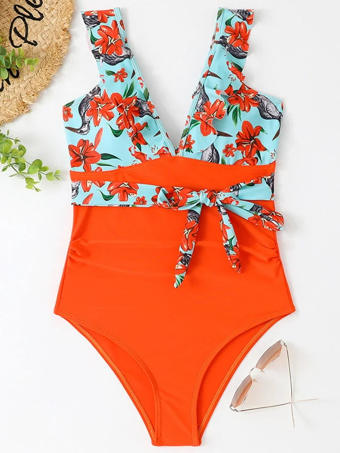 Ruffle shoulder strap fashion waist lace design color-blocking one-piece triangle swimsuit