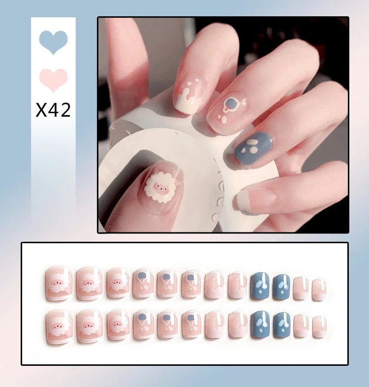 24Pcs/Set French Rhombus Designs False Nail Full Cover Fake Nails with Glue Detachable Wearable DIY Manicure Nail Art Tools-Nail Inspo