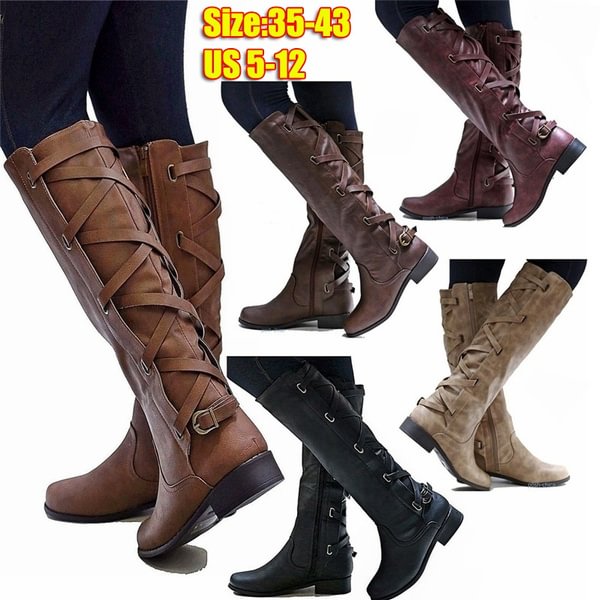 Women's Fashion Winter Leather Knee High Boots Casual Knight Boots Zipper Long Boots Cowboy Boots Plus Size 35-43 - Shop Trendy Women's Fashion | TeeYours