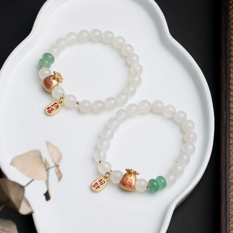 White Agate Red Agate Money Bag Fu Character Four Leaf Clover Protection Charm Bracelet