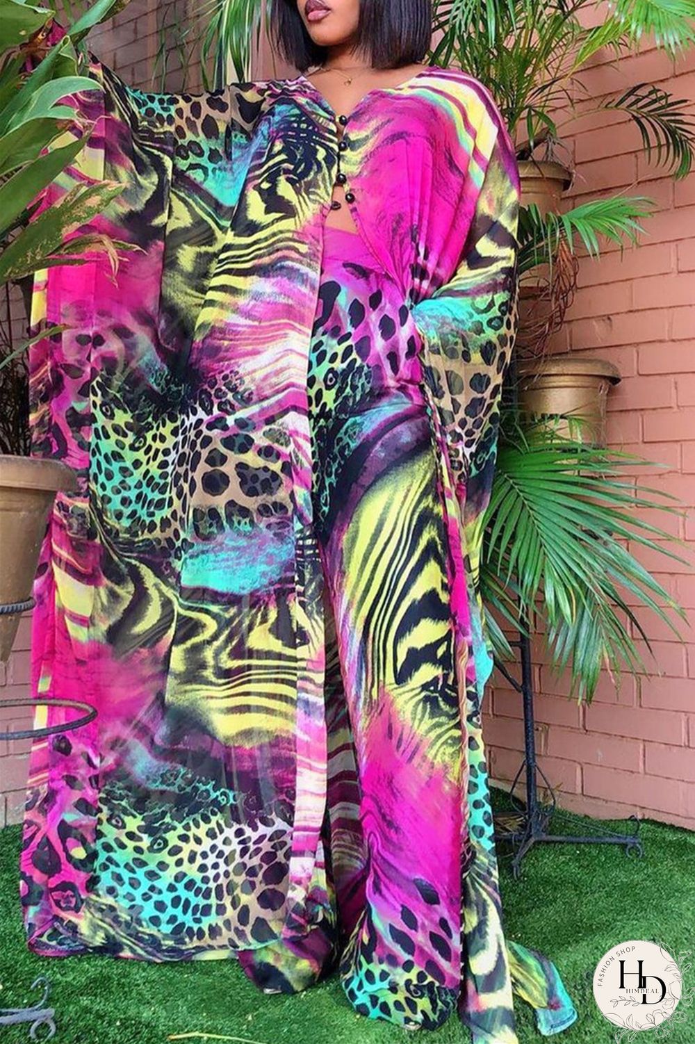 Blue Fashion Casual Print Slit V Neck Long Sleeve Two Pieces