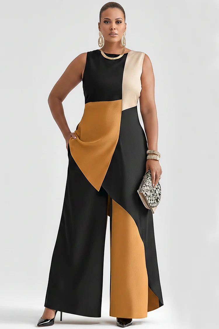 Xpluswear Design Plus Size Business Casual Multicolor Colorblock Round Neck Asymmetric Hem Pocket Two Piece Pant Sets 2024 - Xpluswear