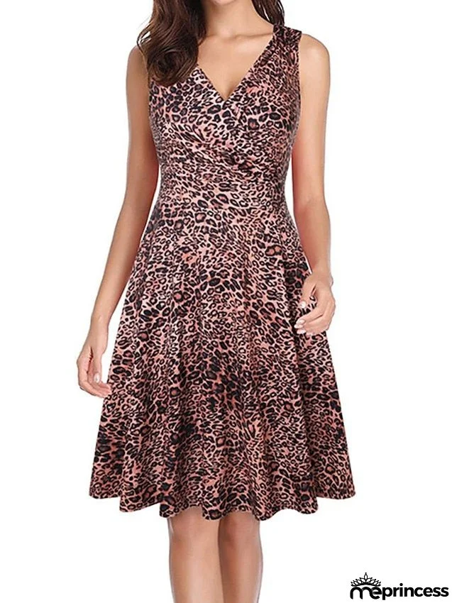 Work Dress Black Dress Semi Formal Dress Fashion Mini Dress Ruched Print V Neck Sleeveless Leopard Slim Leopard Black Wine Spring Summer S M L XL XXL for Women