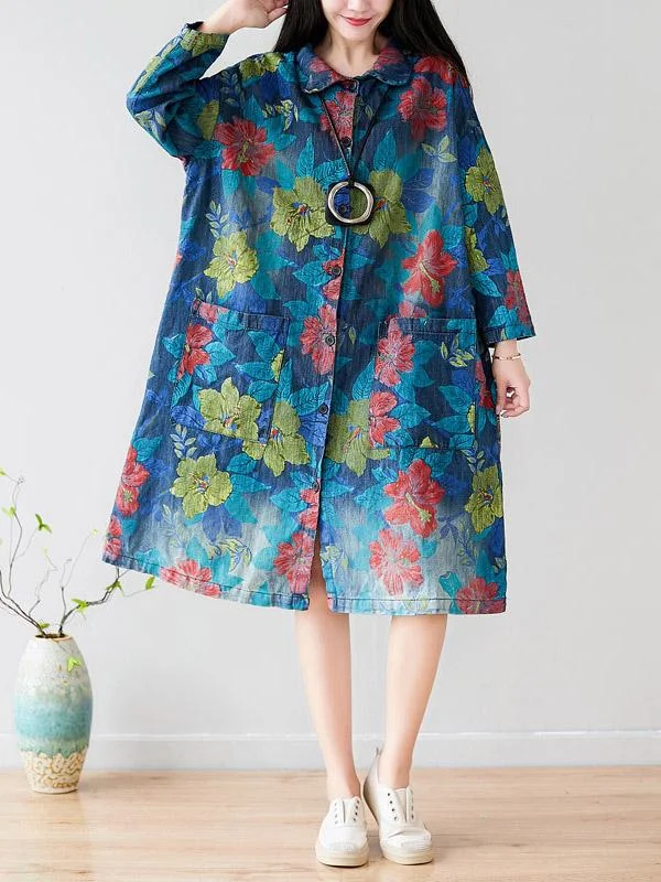 Loose Vintage Printed Single-Breasted Long Shirt
