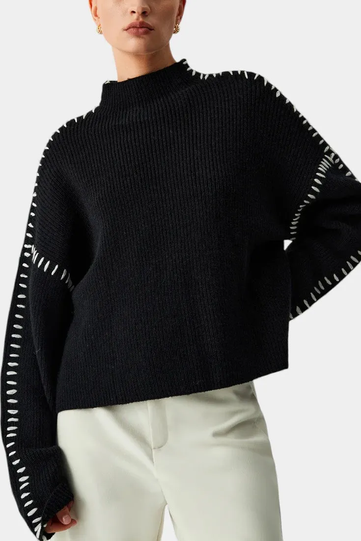 Oversized Mock-Neck Sweater with Contrast Stitching