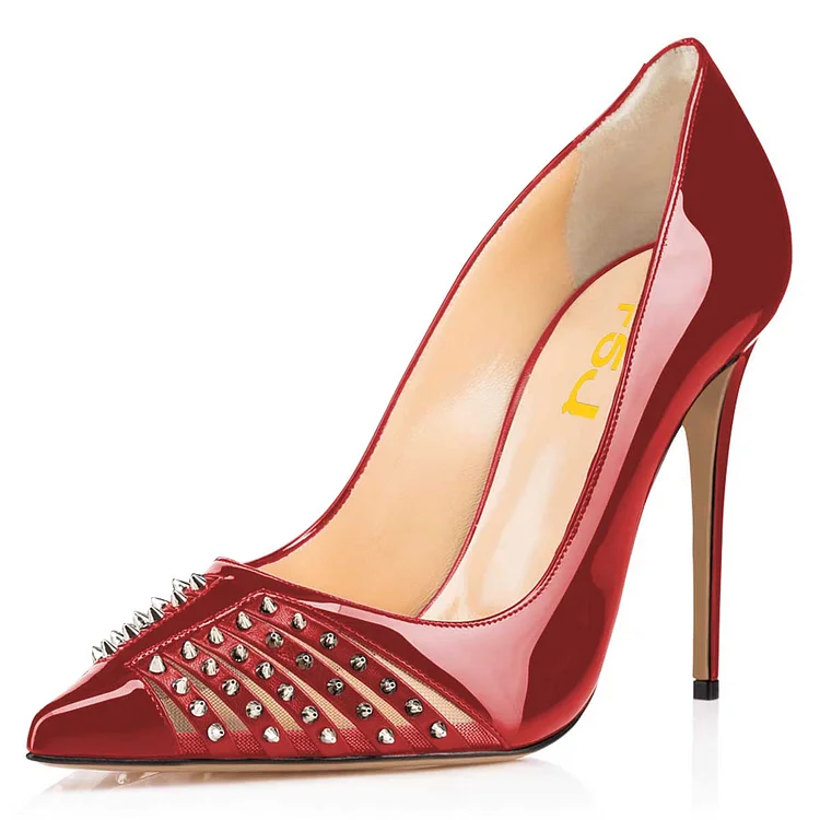 Red Mirror Leather Rivets Pointy Toe Stiletto Heels Pump |FSJ Shoes