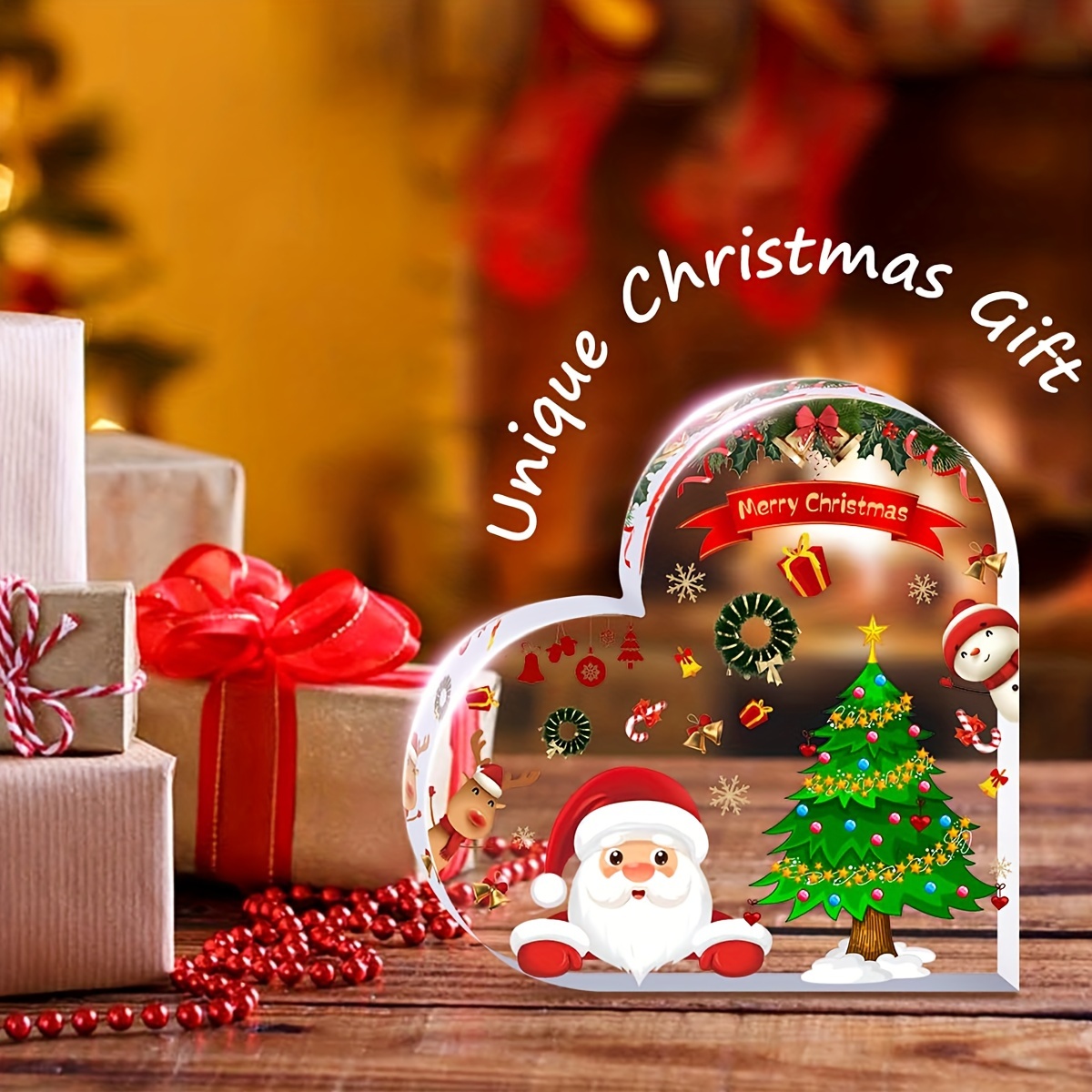 Tegooe Heart-Shaped Acrylic Christmas Desktop Ornament - Santa Reindeer Design