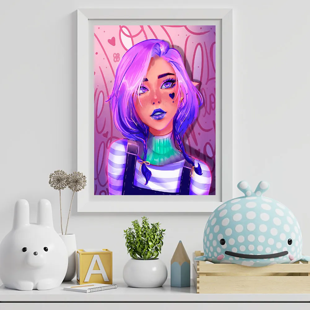 Full Round Diamond Painting 30*40cm - Purple Hair Girl