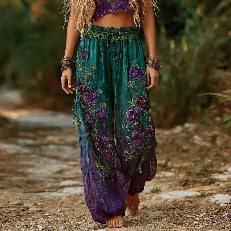 Women's Vintage Rose Floral Pattern Casual Wide Leg Pants