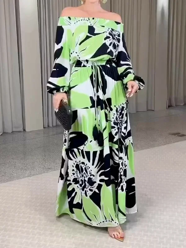 Contrast Color Floral Printed Long Sleeves Off-The-Shoulder Maxi Dresses