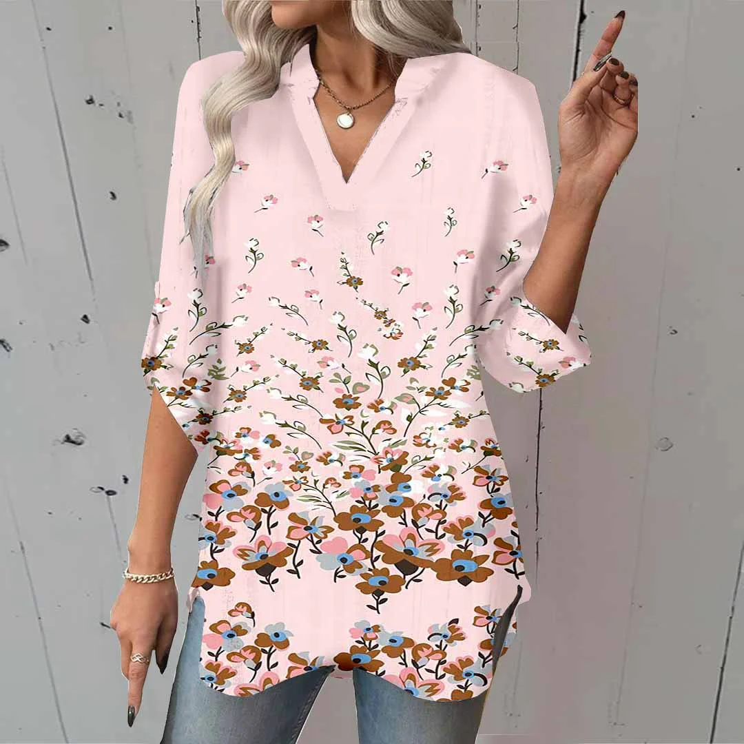 Women Floral, Pink, Colorful DZGA0747 3/4 Sleeve V-neck Printed Graphic Button Tops