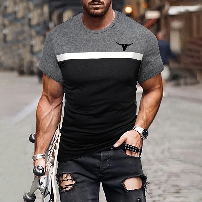 Casual Black And Gray Western Bullhead Print Short Sleeves T-Shirt