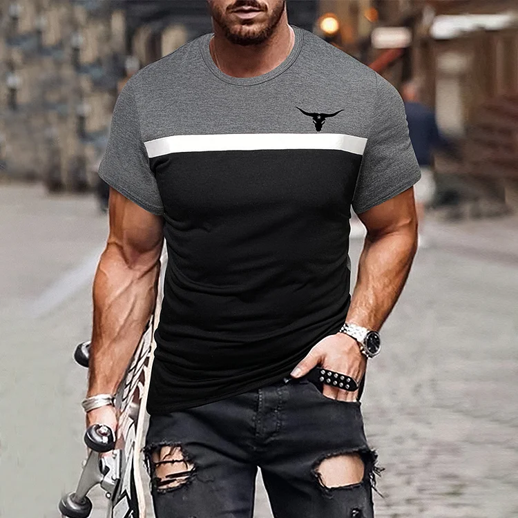 Casual Black And Gray Western Bullhead Print Short Sleeves T-Shirt