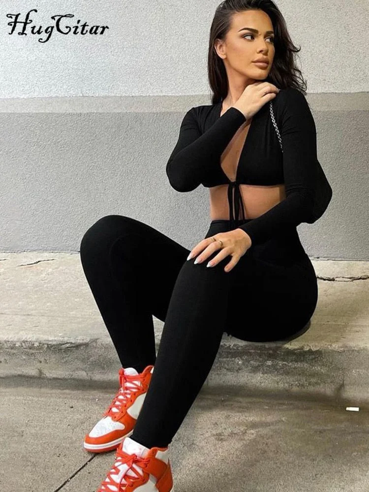 Hugcitar 2021 Summer Solid Long Sleeves Bandage V Neck Crop Top Leggings 2 Pieces Set Bodycon Sexy Party Club Y2K