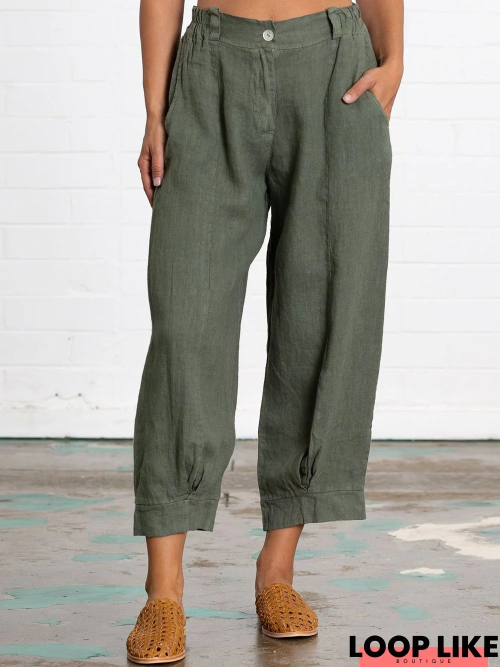 Linen Women Loose Capri Pants With Pockets