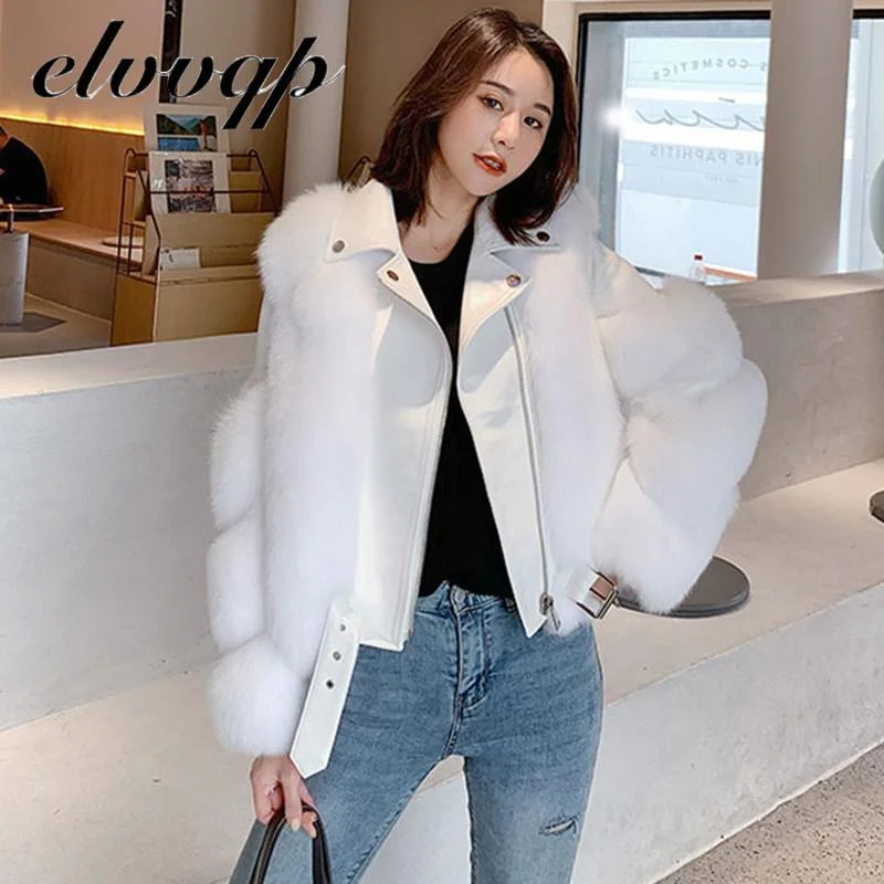 Top Fashion Luxury Faux Fox Fur Coat Motorcycle Splicing Pu Leather Turn Down Collar Warm Fur Jacket Women 2020 Winter New
