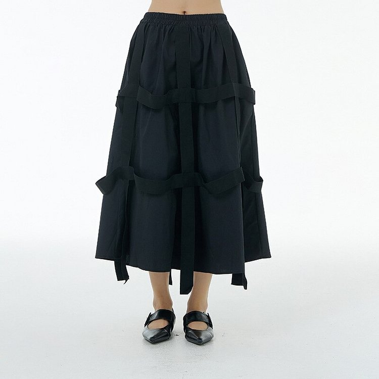 Elegant Elastic Waist Striped Splicing Webbing Decor Skirt   