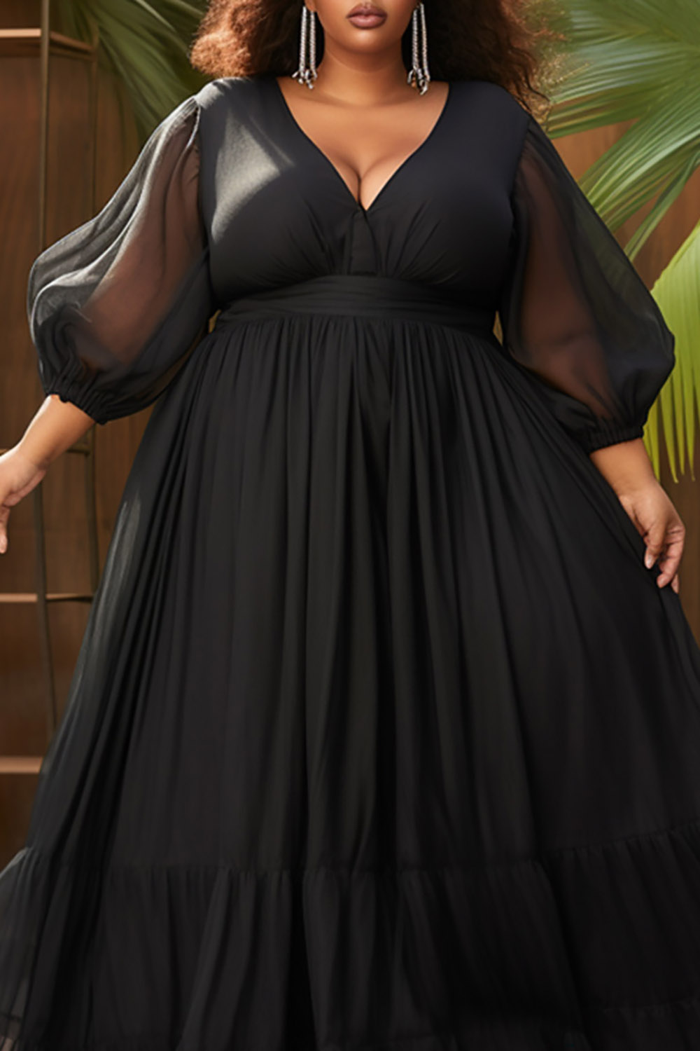 Design Plus Size Semi Formal Black V Neck Lantern Sleeve 3/4 Sleeve Contrast Pleated Chiffon Maxi Dresses [Pre-Order]