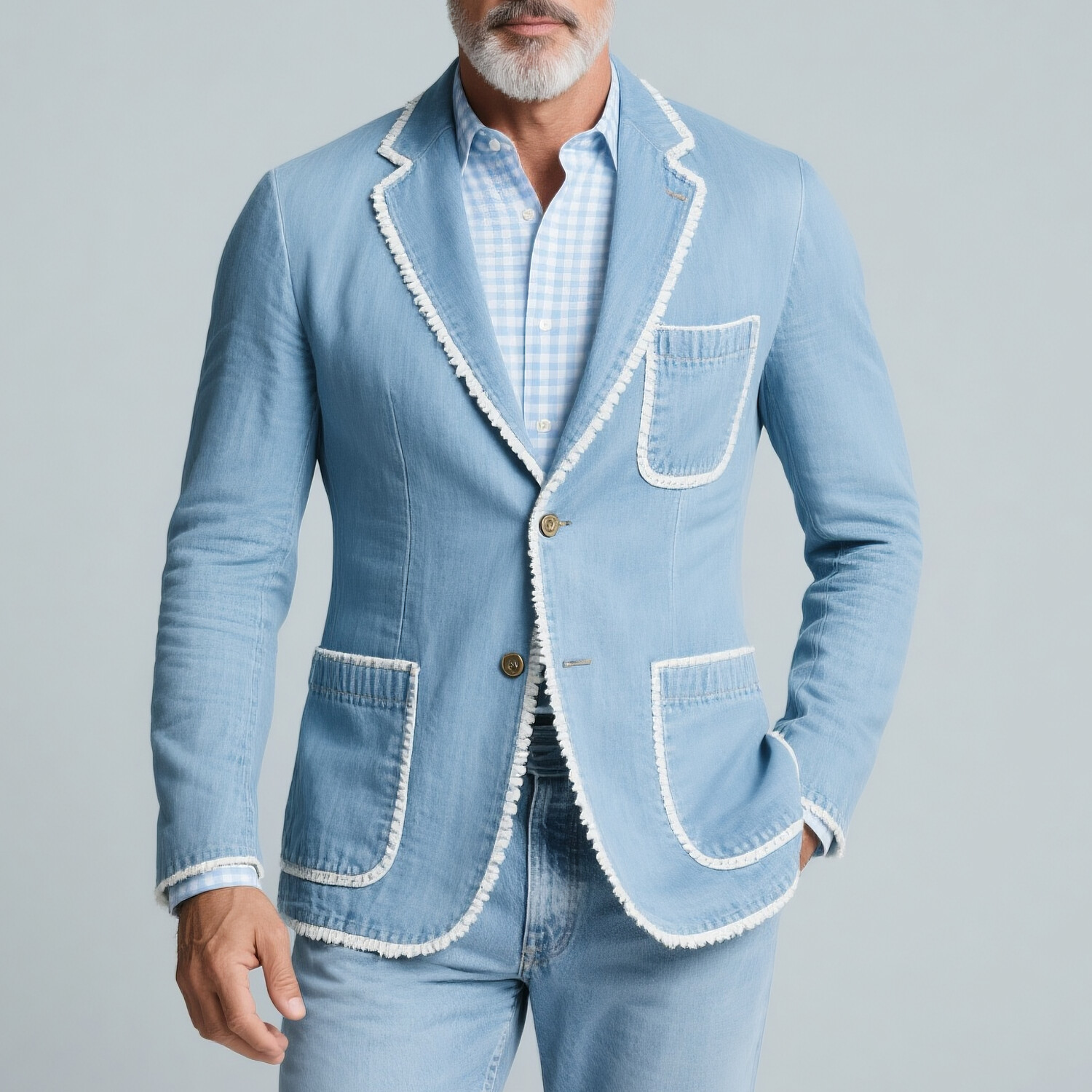 Men's Notched Lapel Long Sleeve Patch Pocket White Fringe Trim Denim Blazer
