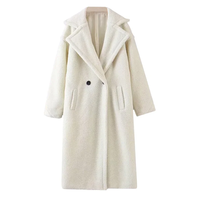 Aachoae Winter Casual Solid Teddy Coat Women Long Sleeve Fleece Long Jacket Turn Down Collar Lamb Fur Coat Outerwear Fourrure