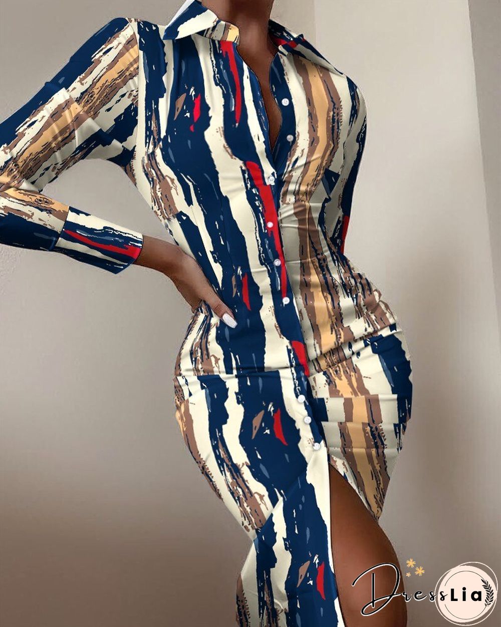 Sexy floral print dress women autumn long sleeve v-neck high waist bandage button slim