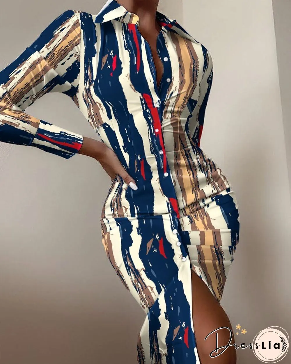 Sexy floral print dress women autumn long sleeve v-neck high waist bandage button slim