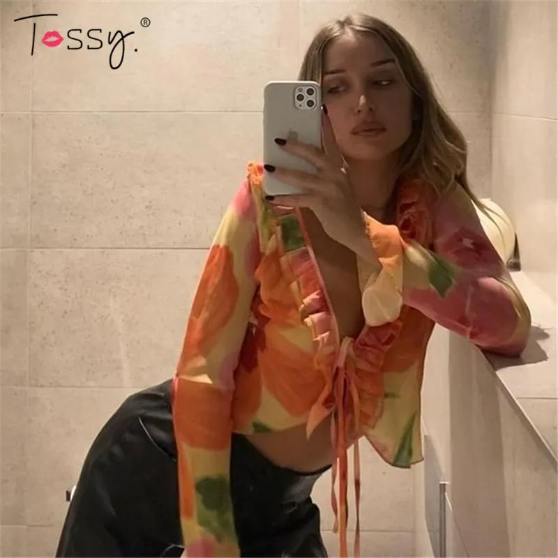 Tossy Fashion Boho Ruffle Blouse See-Through Lace V-Neck Tops For Women Long Sleeve Summer Shirt Party Beach Cropped Top 2021