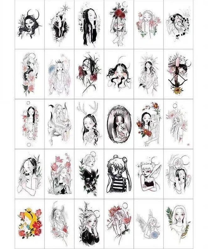 30 Sheets Black Girls Fake Tattoo Stickers For Men Women Waterproof Temporary Tattos Body Art Arm Waist Decals Tatoos