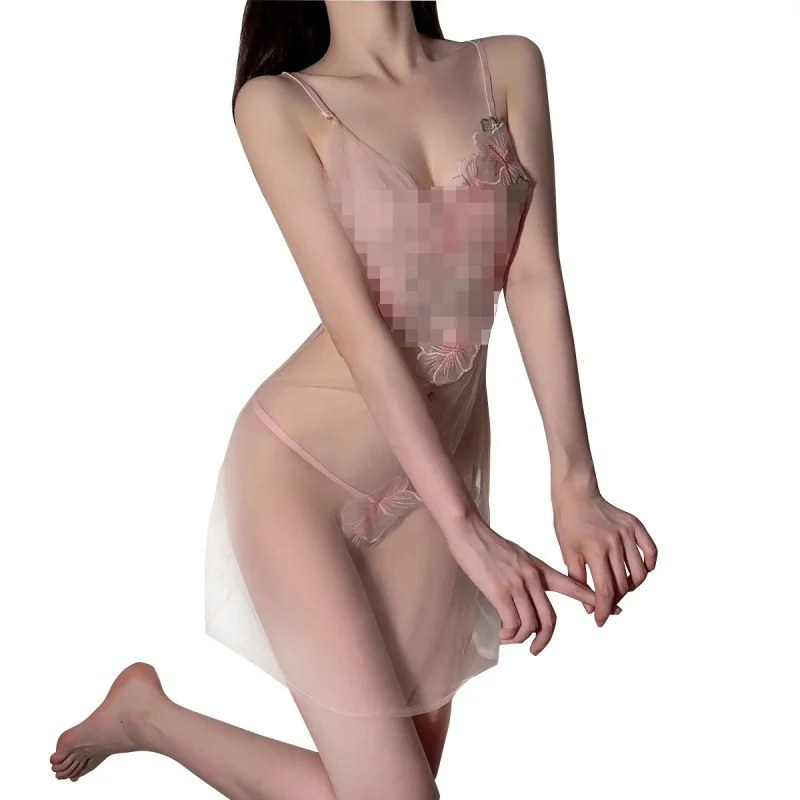 Uveng Sexy Perspective Tulle Lingerie Romantic Peach Flower Yarn Slings Sling Suit Pajamas Pajamas A186