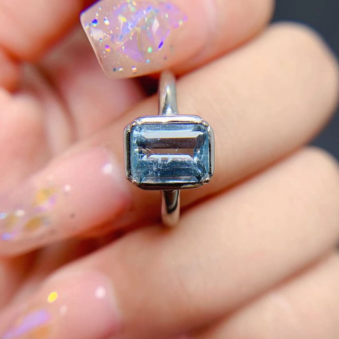 Natural aquamarine ring 925 silver inlaid square gem temperament index finger ring