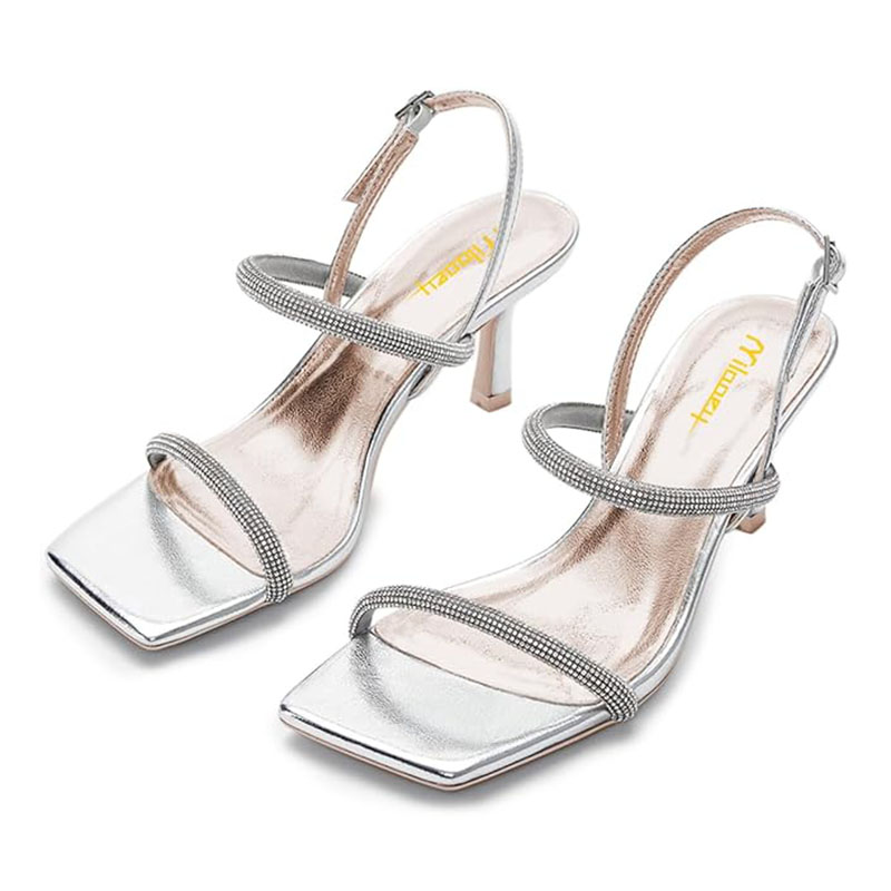 Rhinestone Strappy Square Toe Kitten Heel Silver Sandals with Buckle Nicepairs