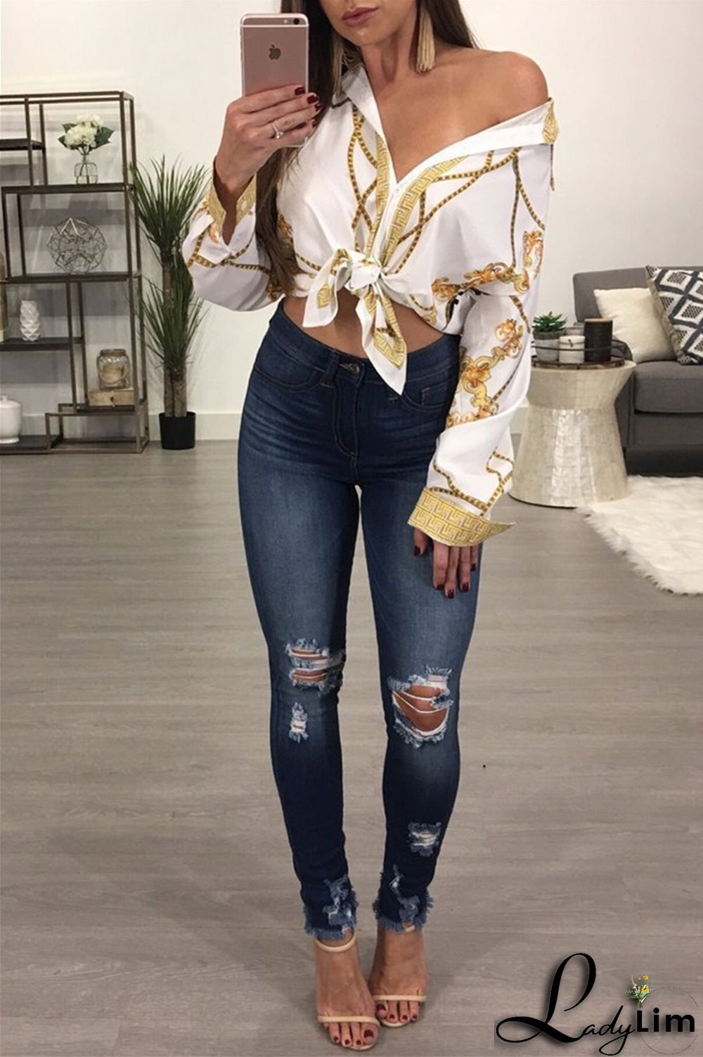 Black Fashion Casual Print Basic Turndown Collar Tops