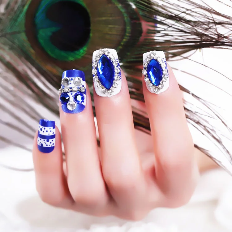 Wedding Beauty Fake Nails DIY Glitter Acrylic Full Cover Nail Art Tips with Glue Girls Shining Rhinestones Fashion False Nail-Nail Inspo