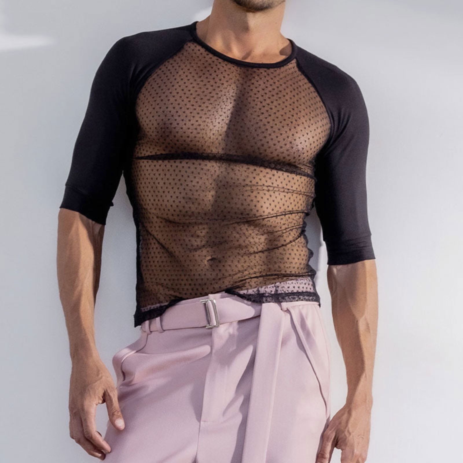 Drawato men costume adults Men'S T-Shirt Round Neck Long Sleeved Stage Costume Summer Ice Silk Thin Feeling Black Lace Design Sexy Transparent Mesh Tops