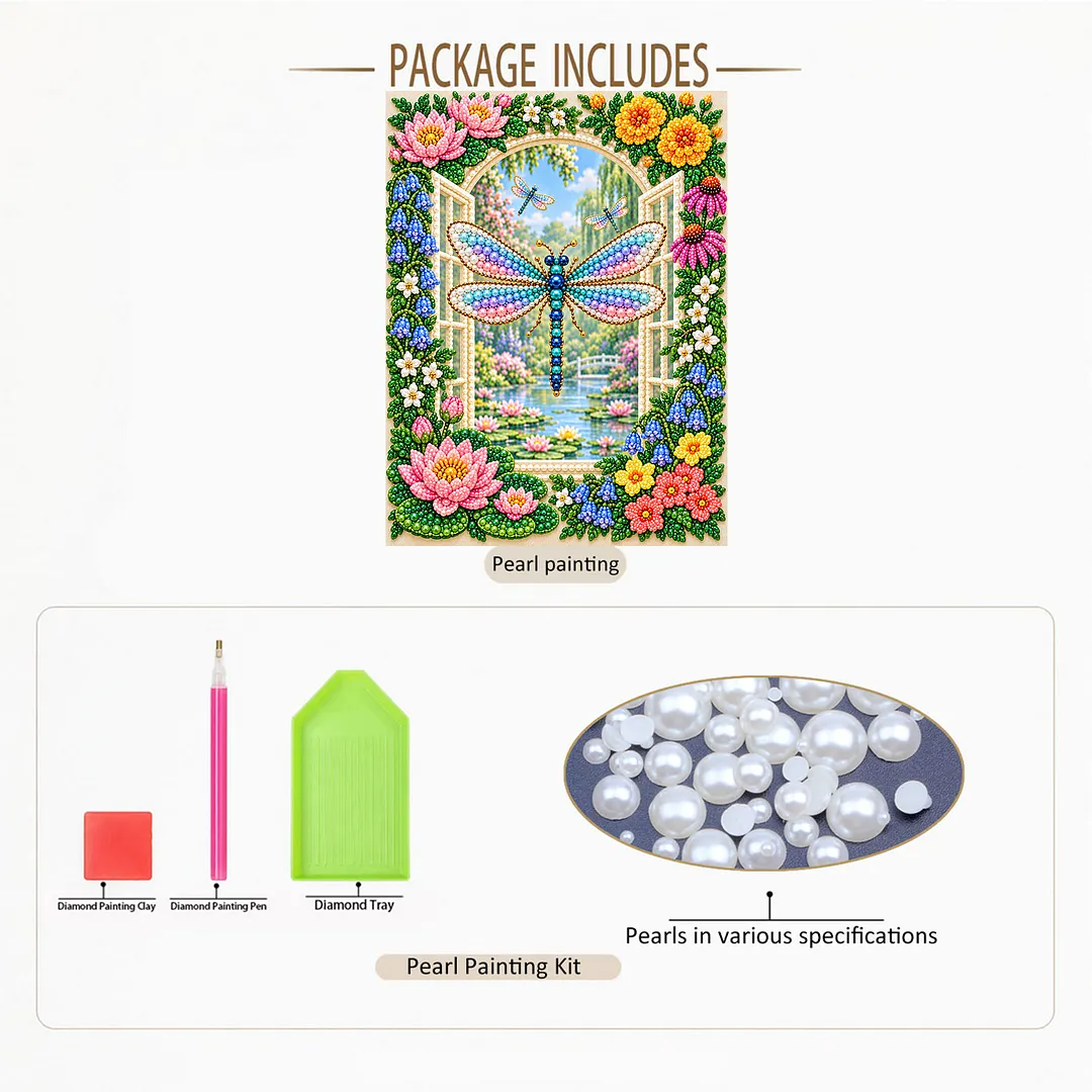 Framed Pearl Painting Kit Dragonfly Flowers 30x40cm